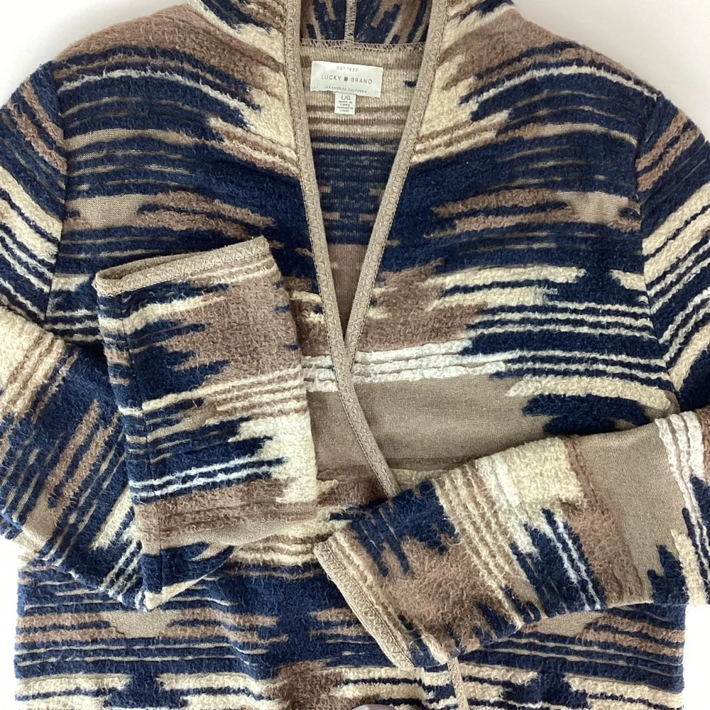 Lucky Brand Aztec Boho Open Front Fringe Cardigan | Large